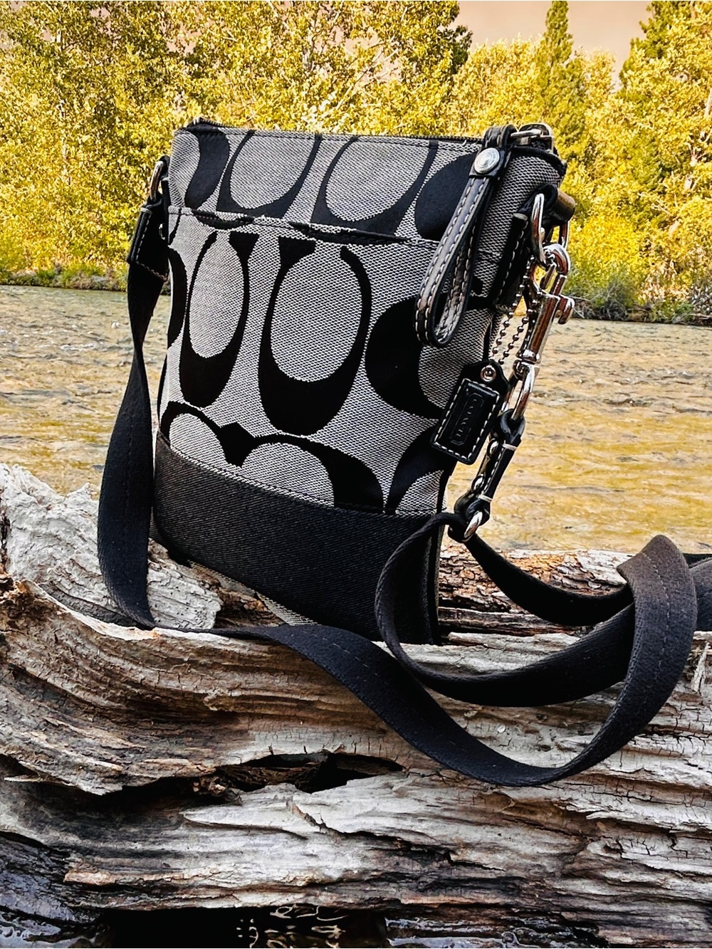 Authentic Coach Signature Jacquard Slim File Crossbody Bag - Smoke Grey & Black